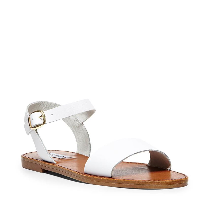 White Steve Madden Donddi Leather Women's Flat Sandals | PH 2578OVU